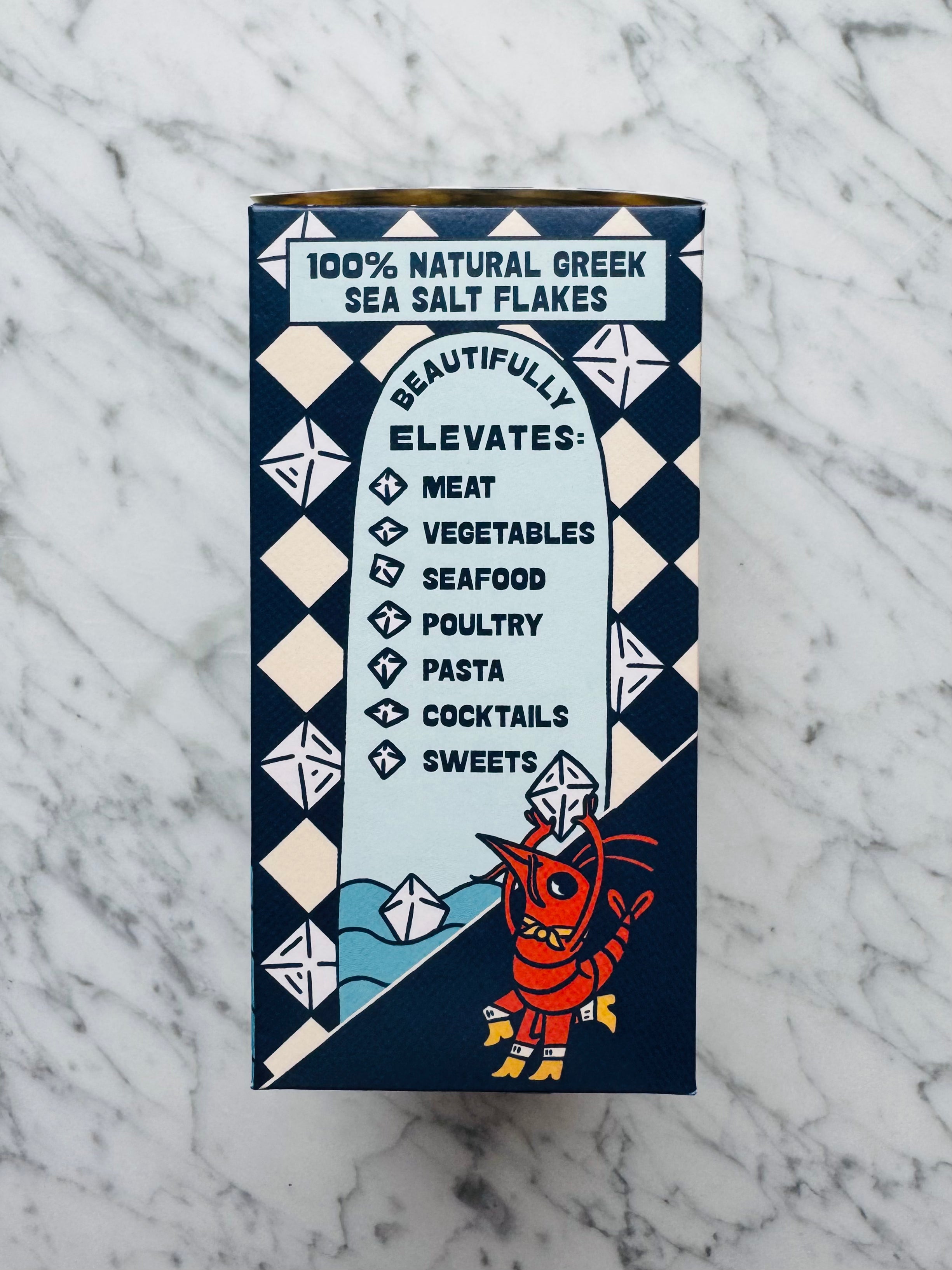 Side of beautiful sea salt flakes box
