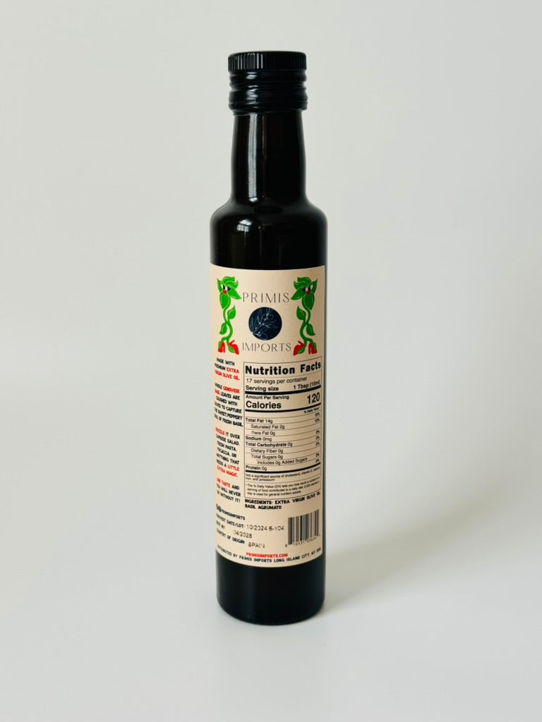 Bottle of olive oil with a label on a white background