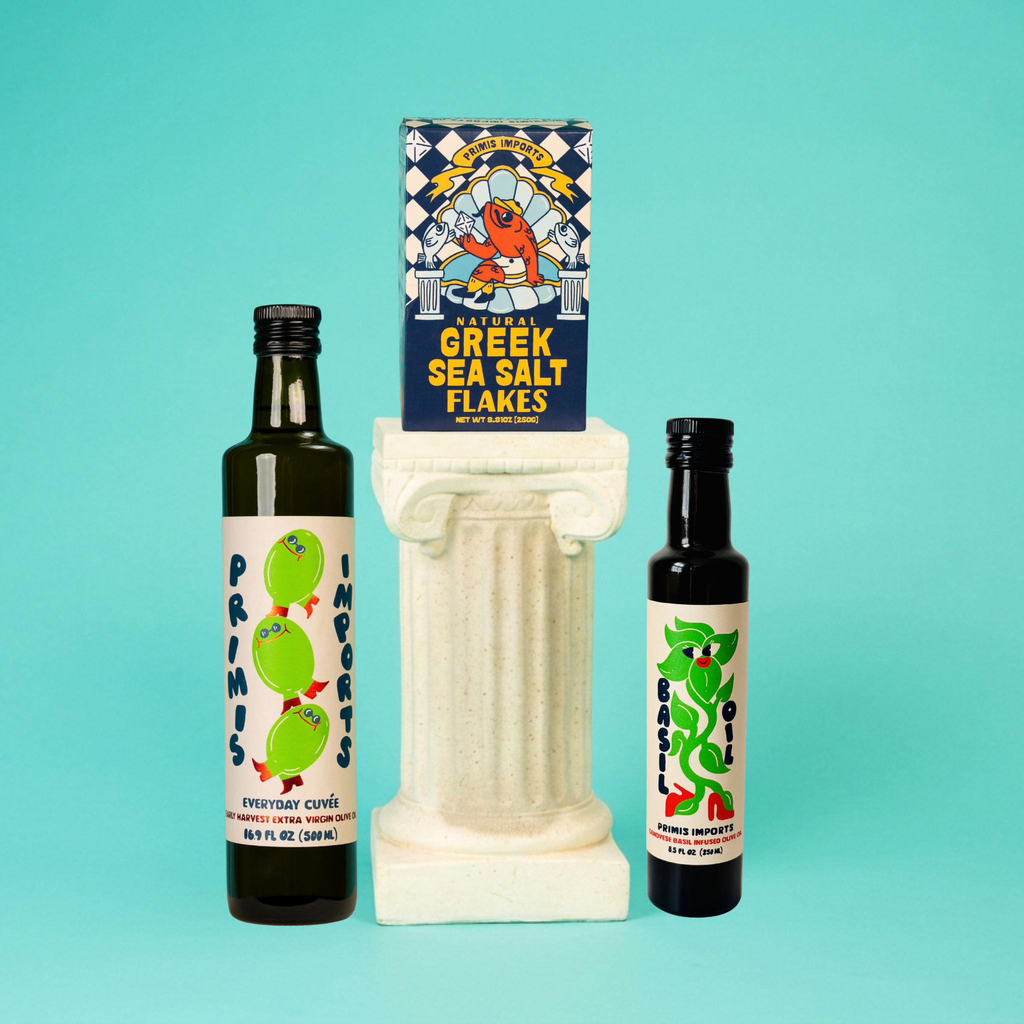 Primis Grill Bundle with Everyday Cuvée olive oil, Genovese Basil infused olive oil, and Messolonghi Greek sea salt flakes